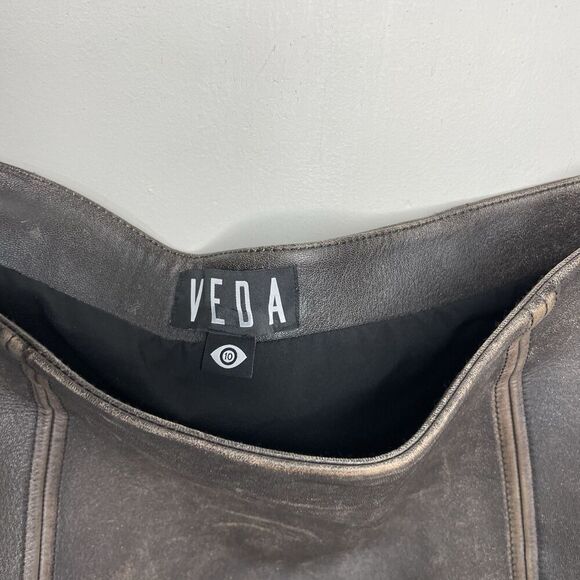 VEDA Leather Skirt Women 10 Brown Mini Distressed Side Zip Lined - Picture 5 of 11